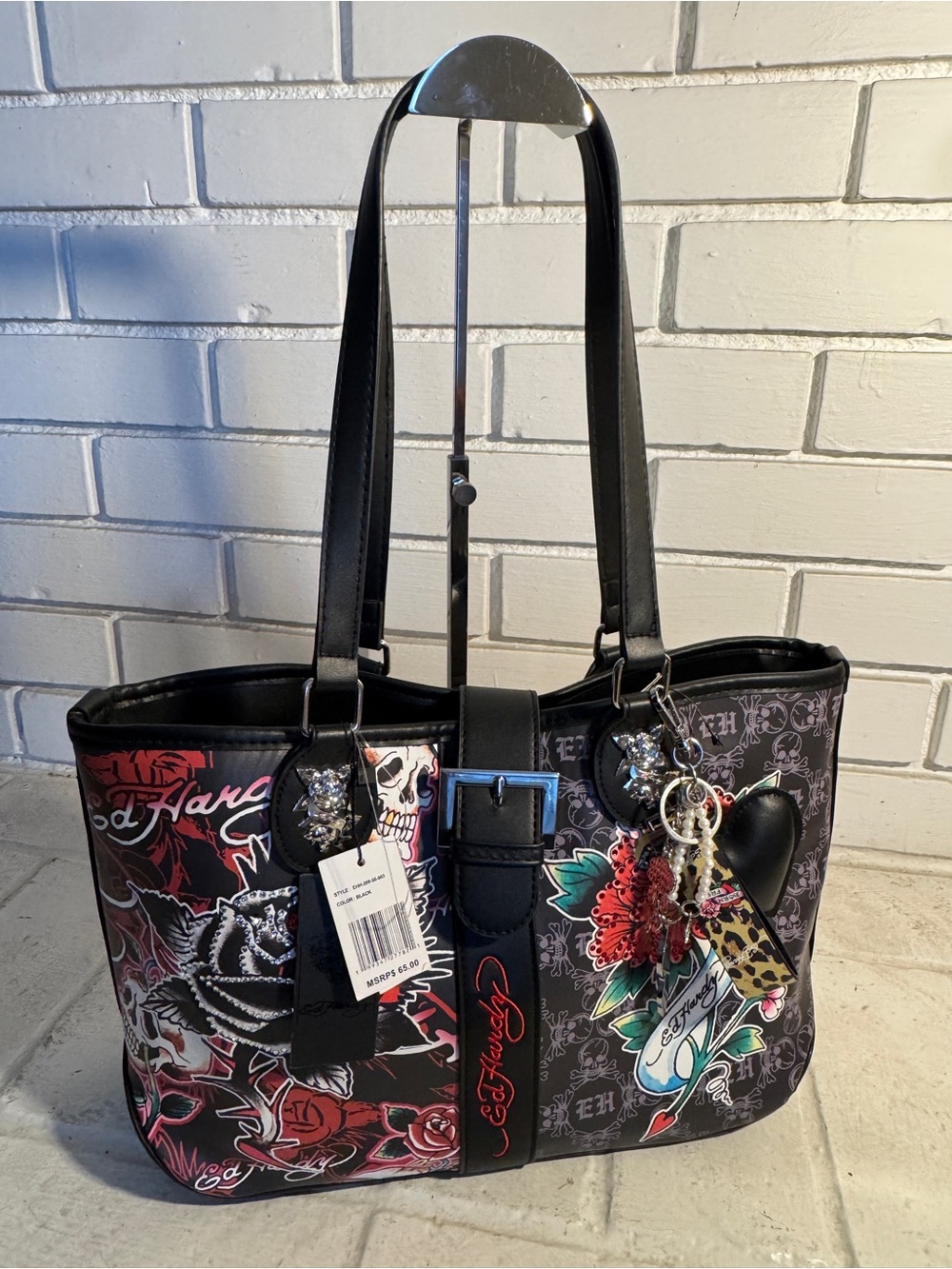 NWT Ed Hardy Skull & Rose Tattoo Print Black Tote Bag Bag Charm Y2K